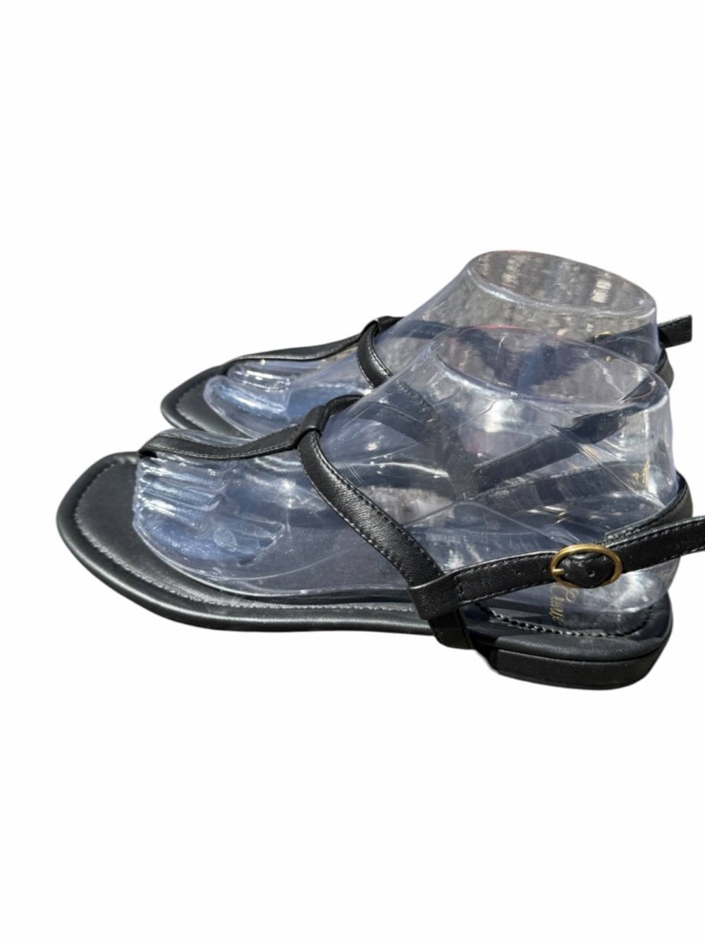 J. Crew Black T-Strap Leather Sandals with Gold Buckle - Picture 6 of 10